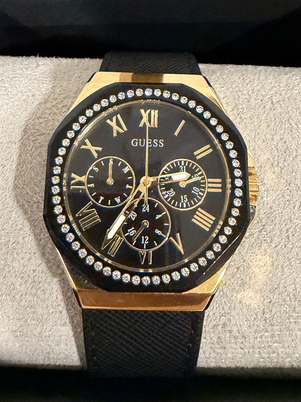 GUESS Rose Gold and Black Crystal-Accent Chronograph Watch great for gifts 🎁
